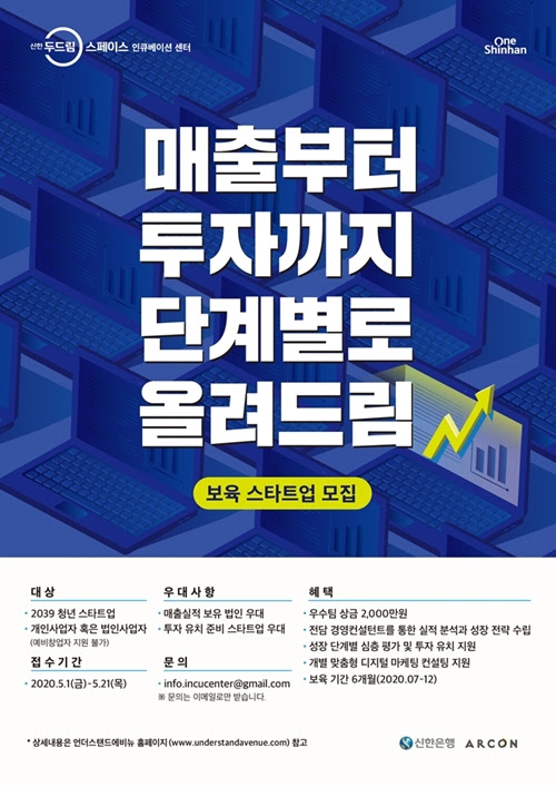 신한두드림스페이스 <인큐베이션 센터> 스타트업 모집 포스터. 2020 하반기 공모는 센터 프로그램에 참여할 보육 스타트업 분야에 대해 모집한다.