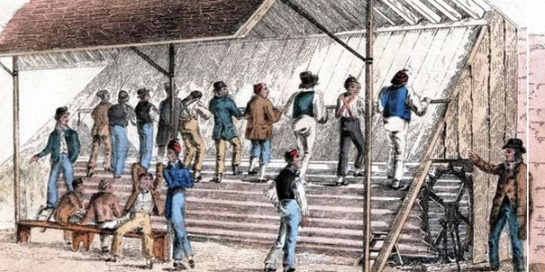 Inmates on a penal treadmill at Brixton prison in London, England, c. 1827.