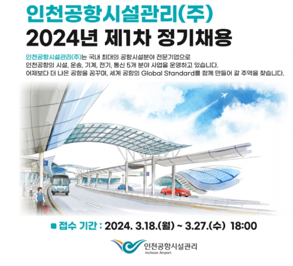 인천공항시설관리(주)에서 2024년 제1차 신입 및 경력직원을 채용하고 있다.