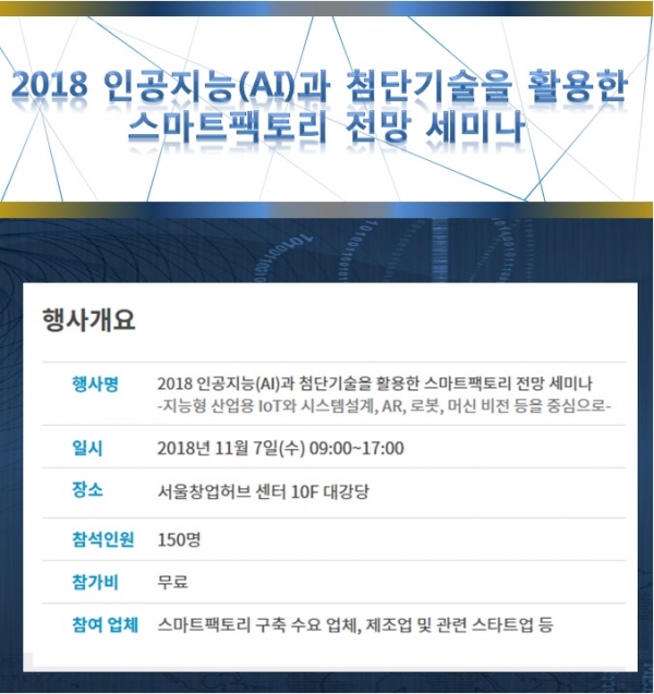 한국인공지능협회가 11월 7일 2018 인공지능과 첨단기술을 활용한 스마트팩토리 전만 세미나를 개최한다.