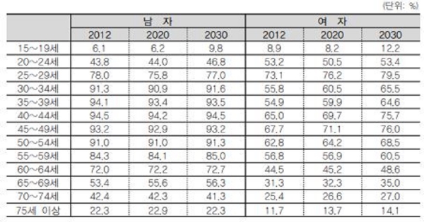 성별 연령계층별 경제활동참가율 전망(자료제공=KDI '베이비붐 세대 이행기의 노동시장 변화')