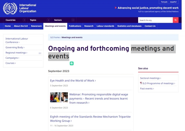 ILO 홈페이지 메뉴 중 Meetings and Events 코너